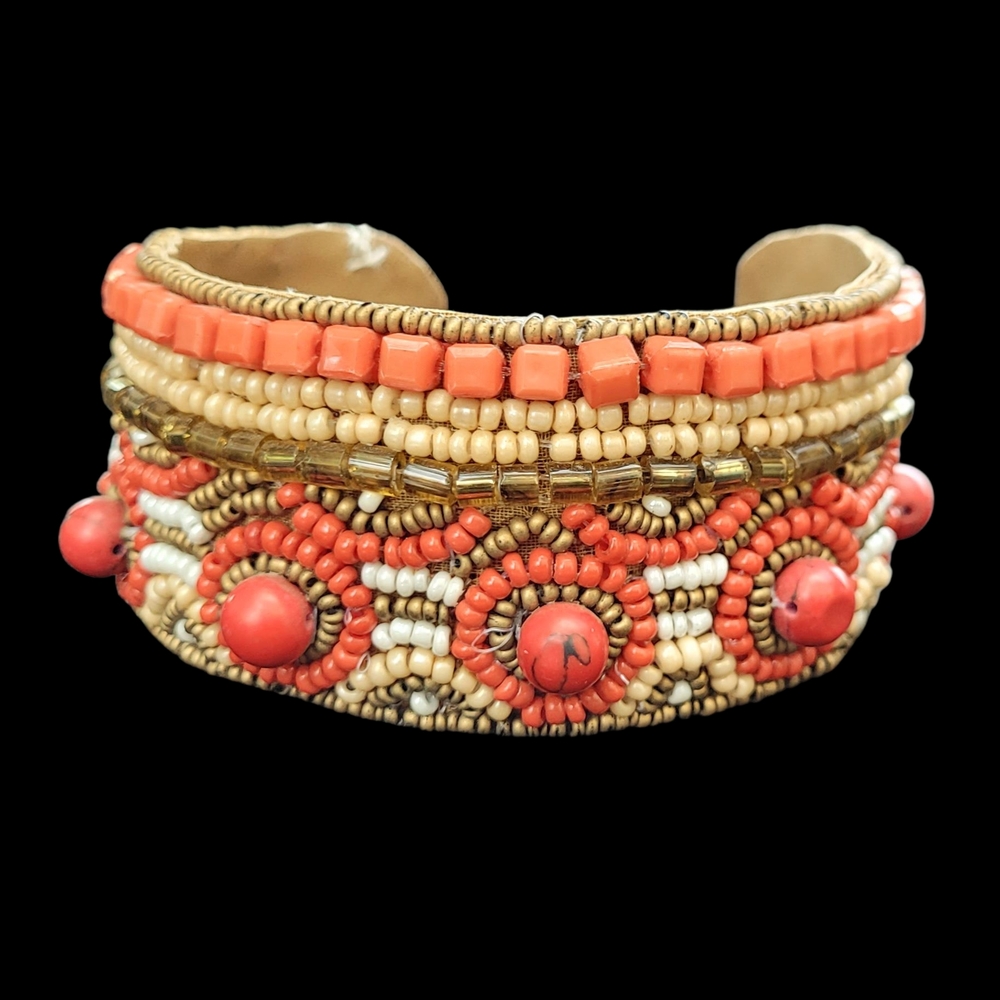 Beaded Coral and Gold Cuff Bracelet